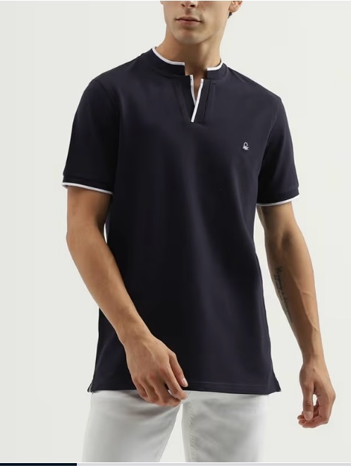 United Colors Of Benetton Navy Blue Henley Polo With White Trim